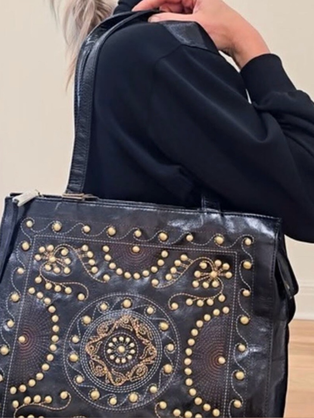 Hobo Western Black Studded Black Leather Shoulder Bag